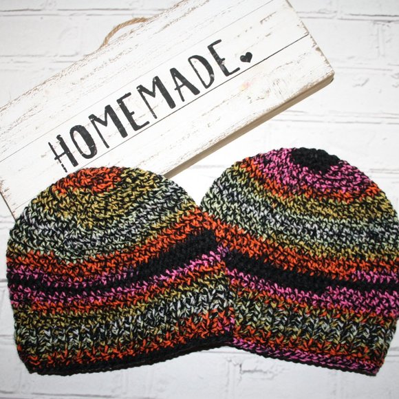 🖤🌈 Black + Rainbow Striped Beanie – Handmade Crochet · OS * - Picture 1 of 5